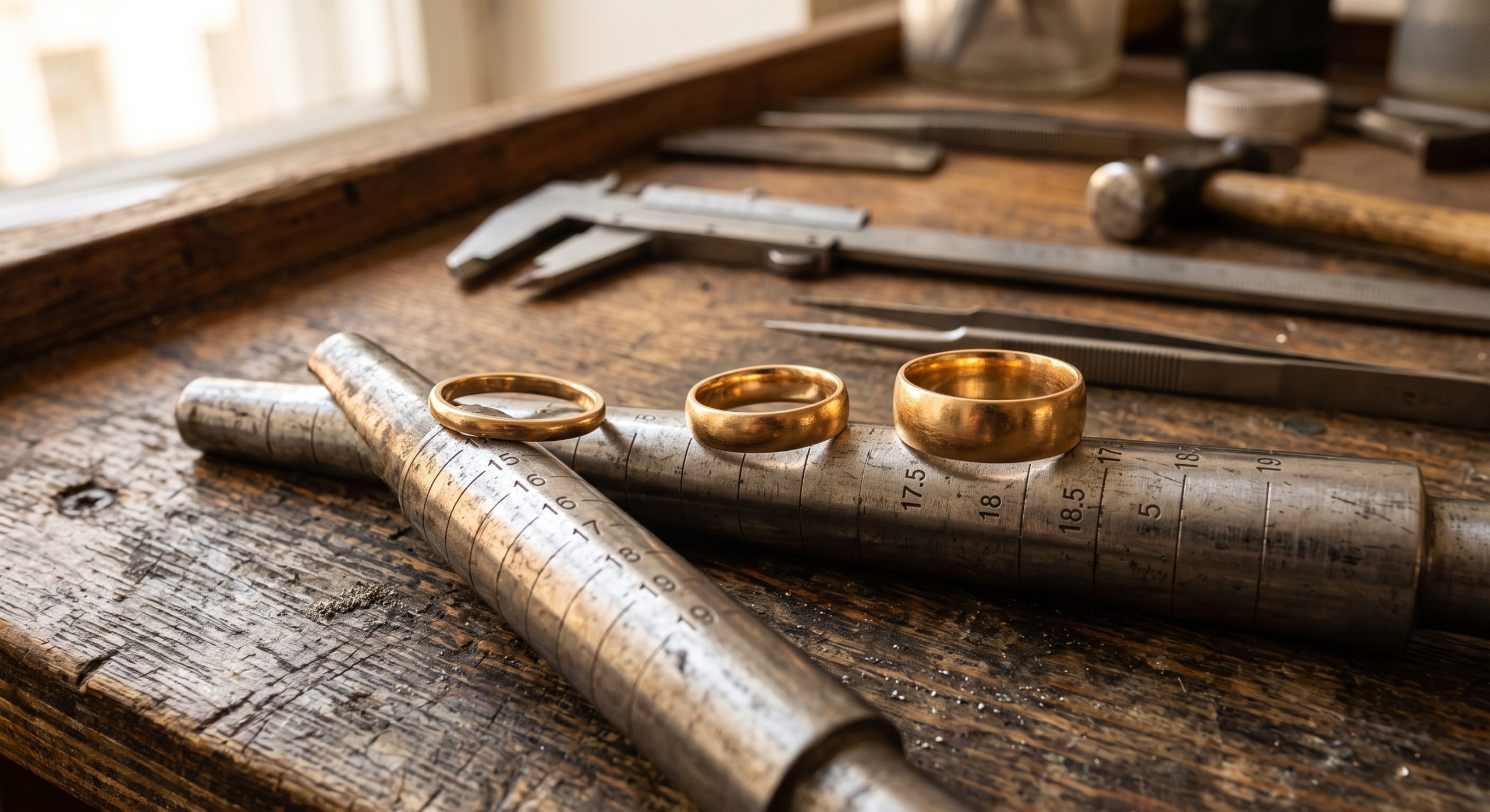 Gold Wedding Rings on a Marked Sizing Tool Примерка заготовок парных обручальных колец разной ширины на этапе монтировки в мастерской yuvelir.net.ua